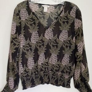 H&M vneck pineapple sheer top with bishop sleeves and smocked waist